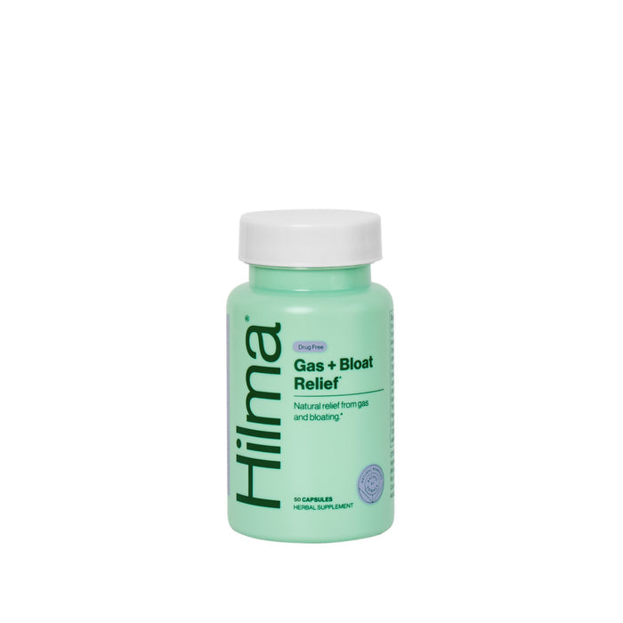 The Gas + Bloat Relief product by Hilma is a green bottle with a white cap, containing 50 capsules. This natural, drug-free solution offers relief from gas and bloating for improved digestive comfort.
