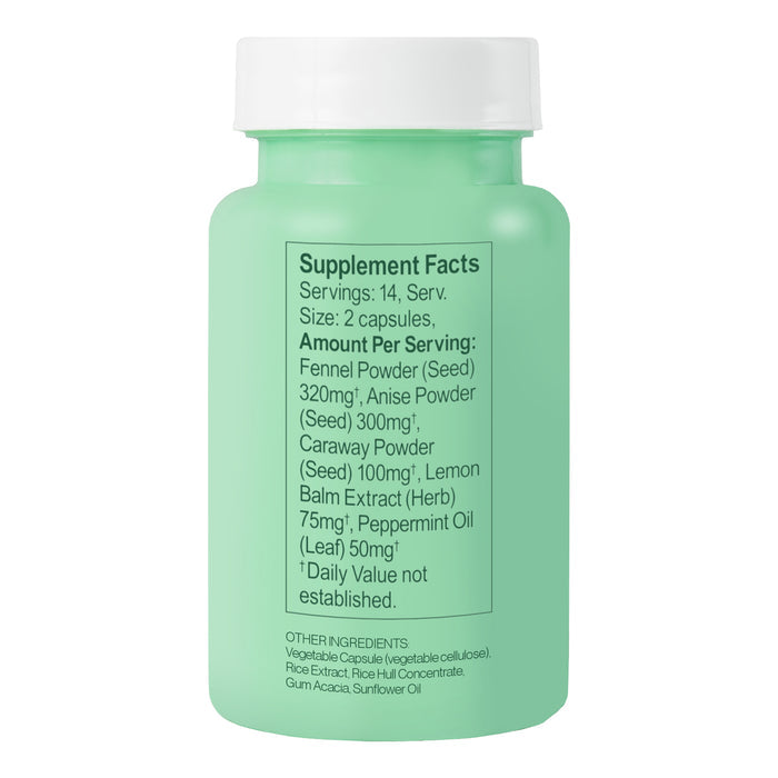 The green Hilma Gas + Bloat Relief bottle shows its supplement facts, featuring natural herbs like fennel, anise, peppermint oil, lemon balm, and caraway. With a serving size of 2 capsules per container, it supports a healthy digestive tract.