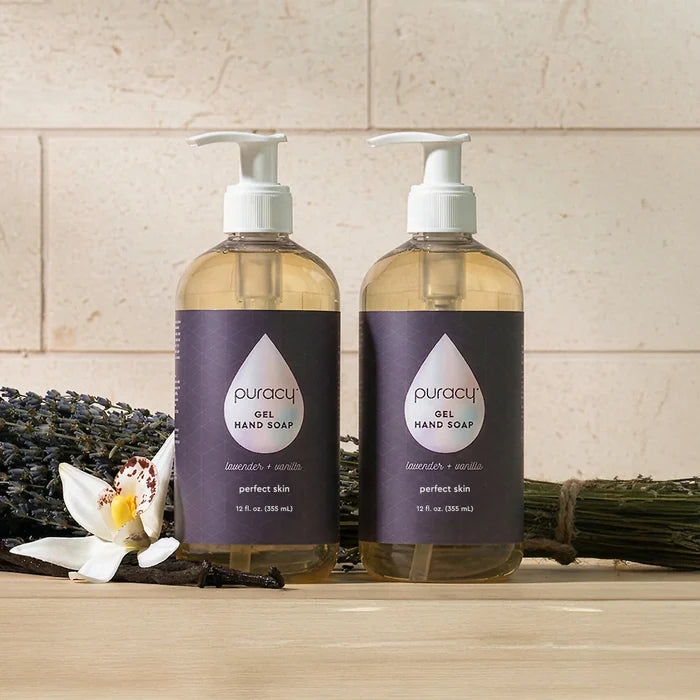 Two bottles of Gel Hand Soap with lavender, vanilla flower, and plant-derived ingredients.