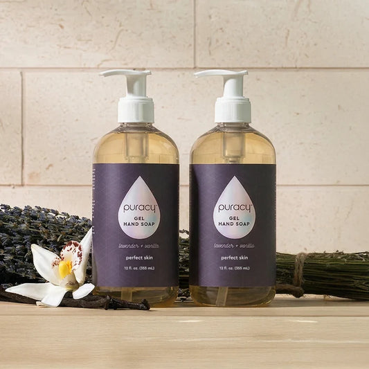 Two bottles of Gel Hand Soap with lavender, vanilla flower, and plant-derived ingredients.