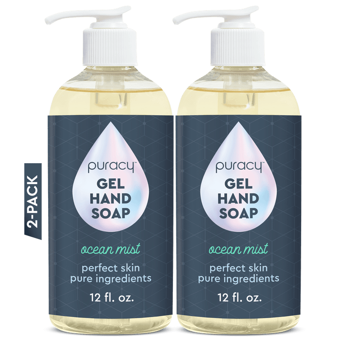Two bottles of Puracy Gel Hand Soap in the Ocean Mist scent, each containing 12 fl. oz, come with convenient pump dispensers and are crafted with plant-derived ingredients for a moisturizing and hydrating cleanse.
