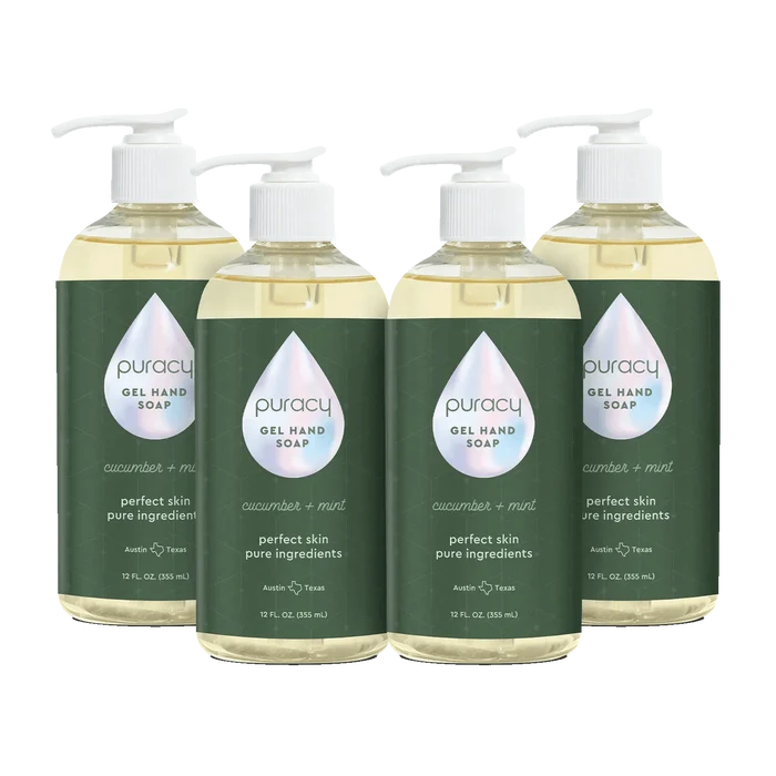 A set of four bottles of Gel Hand Soap with cucumber mint scent, featuring pump dispensers and formulated with plant-derived ingredients for a hydrating clean.