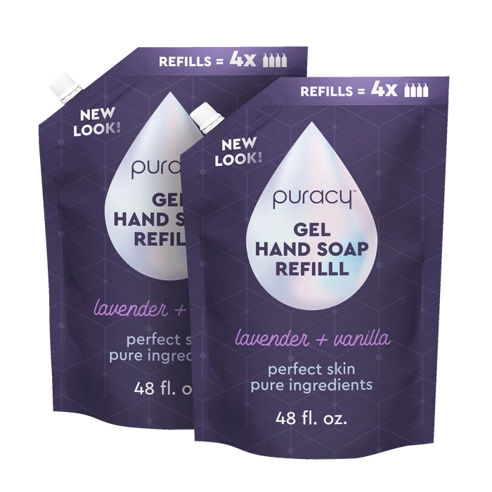 Two pouches of Gel Hand Soap refill with moisturizing and hydrating plant-derived ingredients, in a lavender vanilla scent, 48 fl oz each.