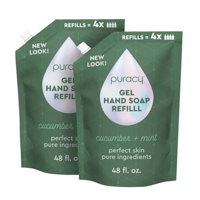 Two pouches of Puracy Gel Hand Soap in the cucumber + mint scent, each containing 48 fl oz, featuring a "New Look!" label. This moisturizing and hydrating gel hand soap is made with plant-derived ingredients for a refreshing clean.