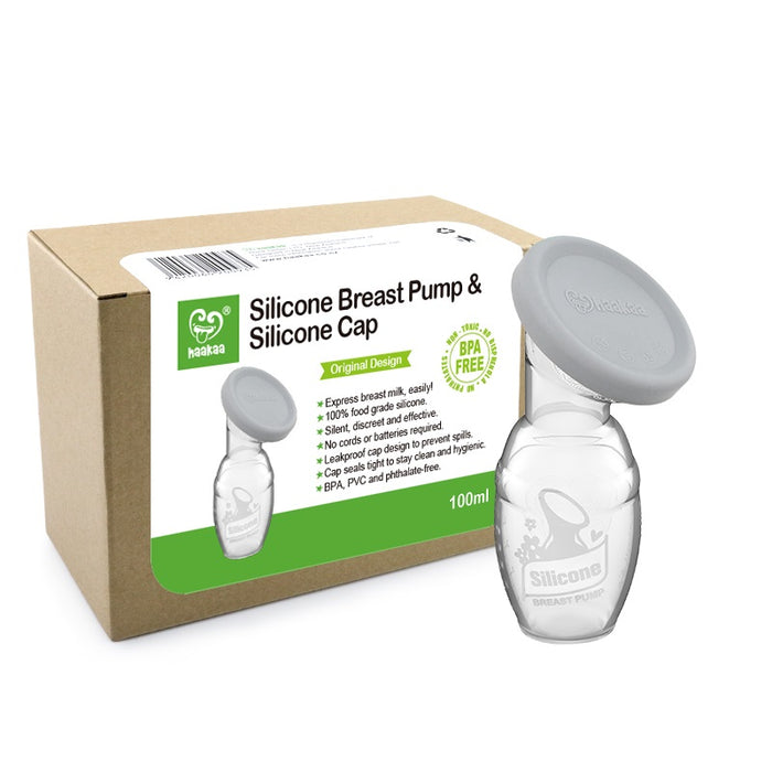 The packaging features Haakaas Generation 1 Silicone Breast Pump with Lid, displaying a clear image of the product and green text highlighting its BPA-free and eco-friendly design, with the transparent pump having a 100ml capacity.