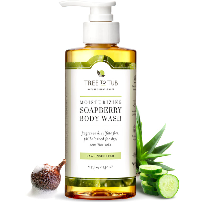 The Tree To Tub Gentle Body Wash for Sensitive Skin sits among soapberry, cucumber slices, and aloe leaves. Its label emphasizes a fragrance-free, sulfate-free formula, perfectly pH balanced for gentle care on dry skin.