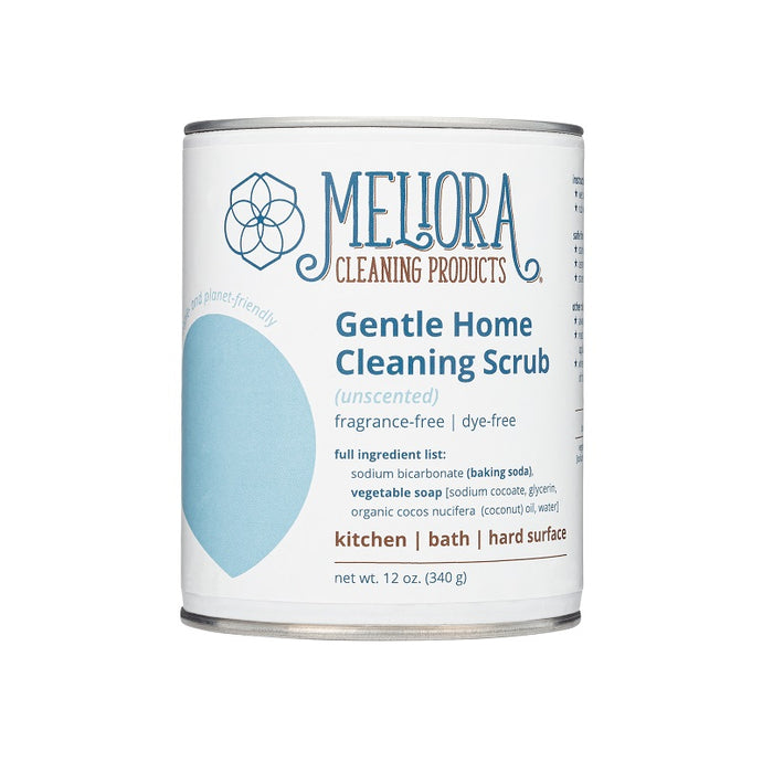 Melioras Gentle Home Cleaning Scrub in a white canister offers eco-friendly cleaning. Its unscented, fragrance-free, and dye-free—ideal for kitchens, baths, and hard surfaces. Septic-safe with baking soda and coconut soap, it weighs 12 oz (340 g).