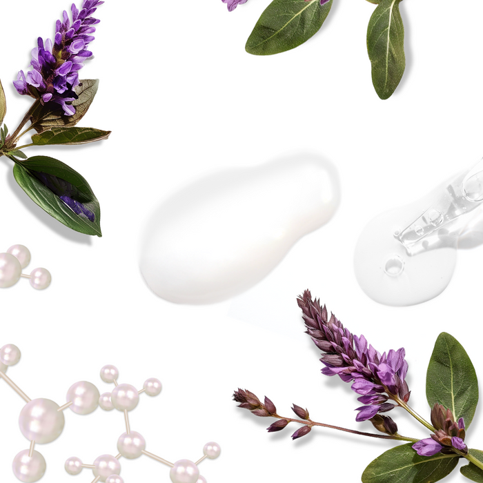 Flat lay of skincare ingredients: lavender, green leaves, a swirl of cream, Tree To Tubs Gentle Retinol Alternative Bakuchiol Face Serum, and pearl-like molecules on white—ideal for addressing fine lines and achieving smooth, radiant skin.