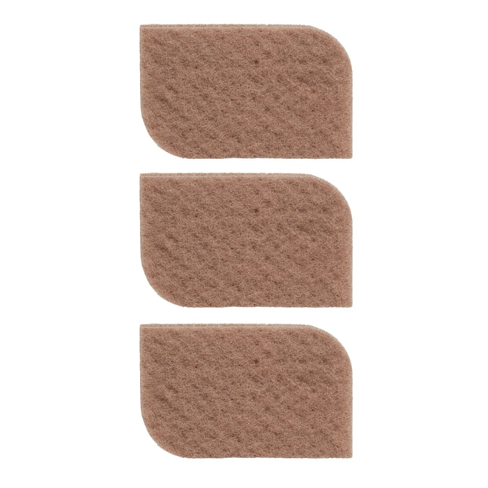Three rectangular brown fabric patches, each with one rounded corner, are arranged vertically on a white background—resembling Grove Co. Gentle Walnut Scouring Pads made from sustainably farmed walnut shells.