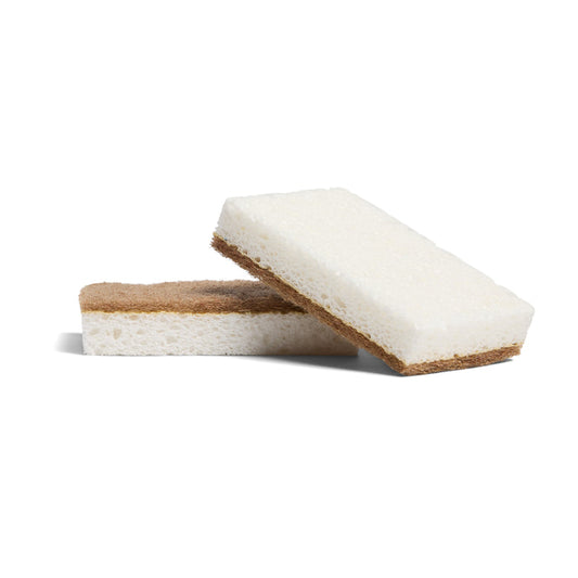 Two Grove Co. Walnut Scrubber Sponges, each with a soft white plant-based cellulose side and a brown scouring side made with walnut shells, are stacked together against a white background.