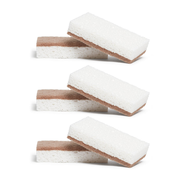 Three pairs of Grove Co. Gentle Walnut Scrubber Sponges, each rectangular with white and brown abrasive layers, are stacked on a white background, with one non-scratch sponge placed diagonally on top of another.