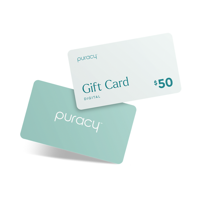 Two Puracy Gift Cards, one valued at $50 and another in a minimalist blue-green design, offer the perfect pure gift for any occasion.