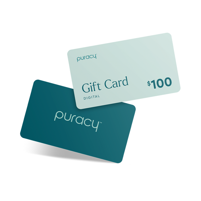 Two Gift Cards from Puracy, representing the purest gift for any occasion, with one featuring a $100 digital value.