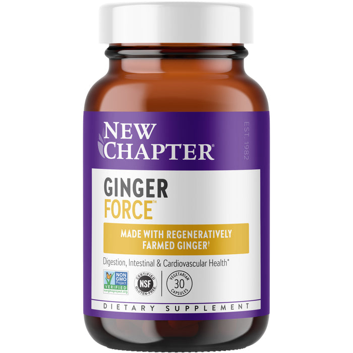 A brown bottle labeled Ginger Force™, Digestion, Intestinal & Cardiovascular Health by New Chapter features a purple and white design. Sourced from regeneratively farmed ginger, it promises joint support and herbal pain relief. Certification logos are displayed along the bottom.