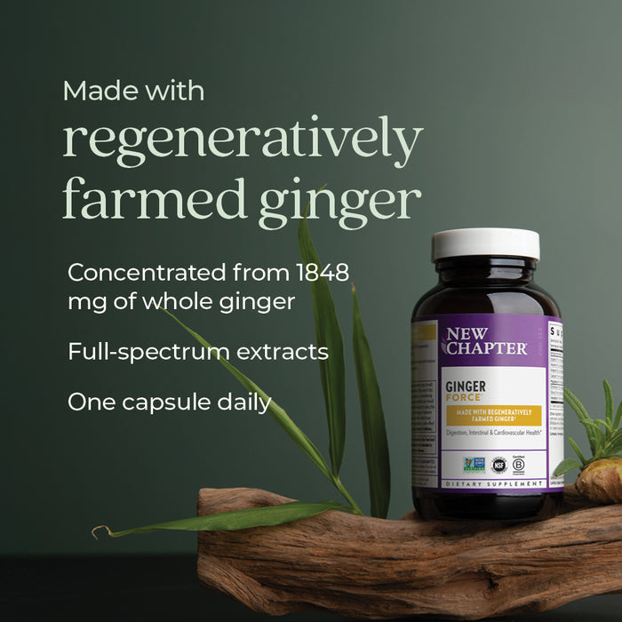 A bottle of New Chapter Ginger Force™, Digestion, Intestinal & Cardiovascular Health sits on a dark surface with ginger root and green leaves, highlighting full-spectrum, regeneratively farmed ginger for joint support in one daily capsule.