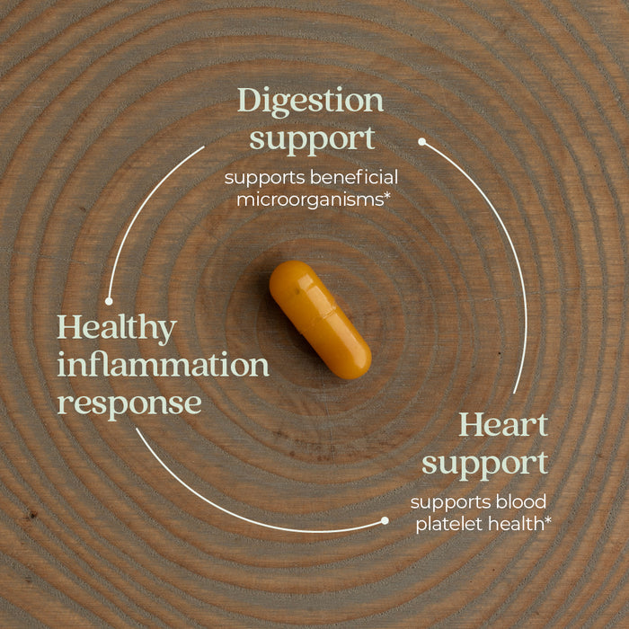 A yellow capsule of New Chapter Ginger Force™ on a wooden surface, surrounded by text: Supports digestion, intestinal and cardiovascular health, healthy inflammation response, and joint comfort.