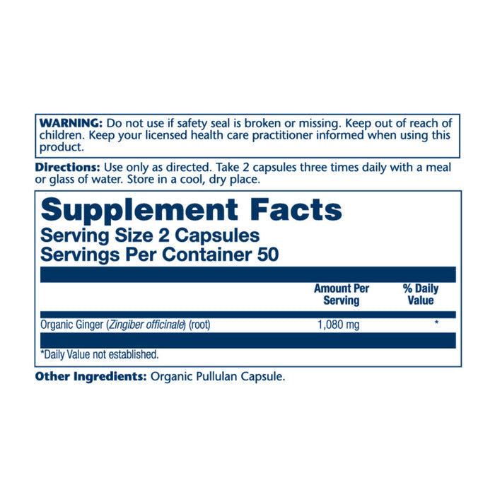 The supplement facts label for Solarays Ginger Organic, 1080 mg, lists a serving size of 2 capsules that supports digestive and cardiovascular health. With 50 servings per container, it contains organic pullulan capsules. Includes directions and warnings. Store in a cool, dry place.