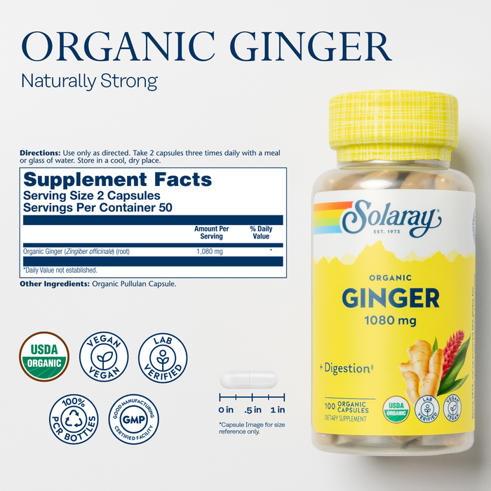 A bottle of Solaray Organic Ginger capsules. The label shows it's USDA Organic, vegan, lab verified, and GMP certified. Supplement facts indicate 1080 mg of organic ginger. The bottle contains 100 capsules, with serving size details.