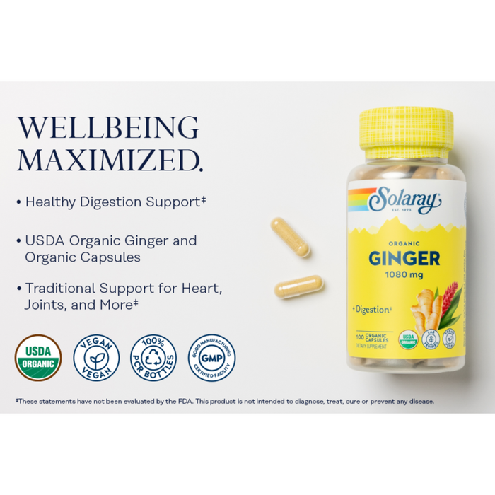 Image of Solaray Organic Ginger capsules bottle and two capsules. Text highlights benefits of healthy digestion support, USDA Organic, vegan, non-GMO certification, and traditional support for heart, joints, and more.