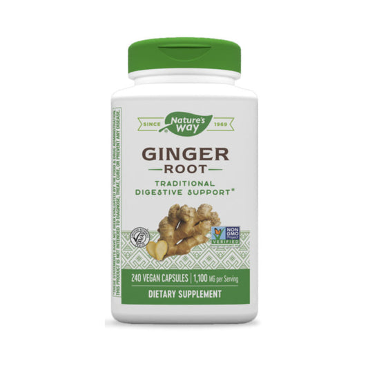 Natures Way Ginger Root, a non-GMO-certified dietary supplement with a green cap, offers traditional digestive support. Each bottle contains 240 vegan, gluten-free capsules delivering 1,100 mg per serving—a smart choice for mindful wellness.