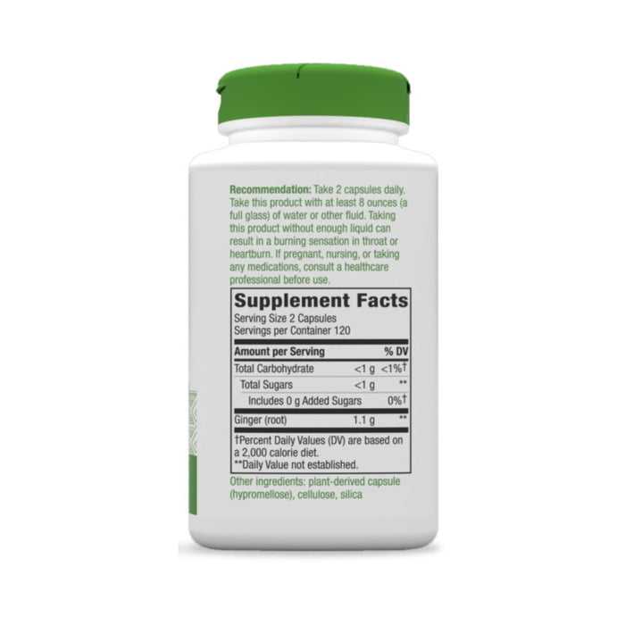 The back of the Natures Way Ginger Root supplement bottle shows a label with dosage instructions and a serving size of two capsules. With 120 gluten-free servings per container, it offers traditional digestive support. Consult your healthcare professional for more advice.