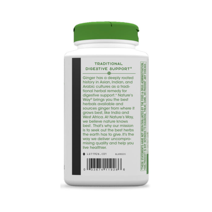 A Natures Way Ginger Root bottle is displayed. The label emphasizes its traditional digestive support benefits and the brands quality commitment. It is gluten-free, features a green cap, and has a visible barcode.