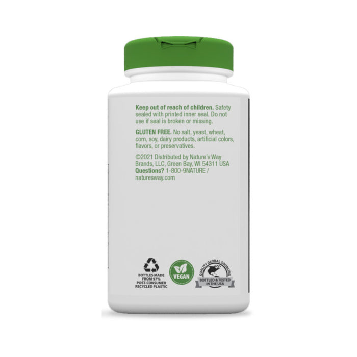 A white Natures Way supplement bottle with a green cap features safety info on the back label, emphasizing its gluten-free vegan formulation. It includes recycled material and sustainability symbols, highlighting traditional digestive support like ginger root, and provides contact information.