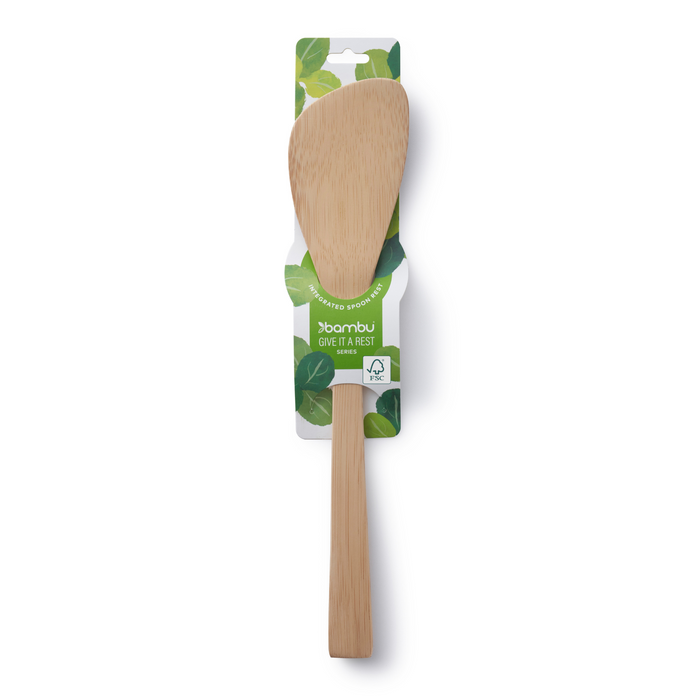 The Bambu Give it a Rest Spatula comes in green leaf-themed packaging and stands upright against a white background—an eco-friendly, FSC-certified bamboo spatula with an integrated spoon rest for your kitchen.