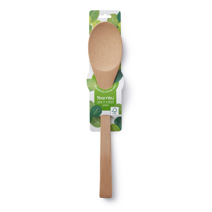 The Bambu 'Give It a Rest' Bamboo Spoon comes in eco-friendly packaging with green leaf designs, features a notched handle, and is made from FSC-certified bamboo.