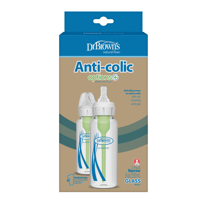 Dr. Browns Natural Flow® Anti-Colic Options+™ Glass Baby Bottles, featuring Level 1 Slow Flow breast-like nipples and a pediatrician-recommended design, reduce colic with green vent systems. Packaging shows two clear 8 oz/250 ml bottles.