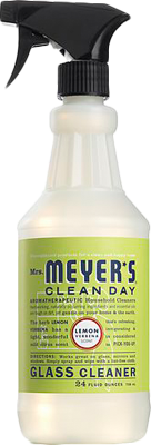Mrs. Meyers Glass Cleaner is ideal for reflective surfaces with a refreshing lemon scent, featuring an ammonia-free formula. It comes in a 24 fl oz spray bottle with a light green label and a black nozzle.