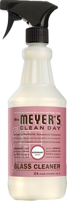 A spray bottle of Mrs. Meyers Glass Cleaner in Rosemary scent, featuring a pink label with white and black text and a black trigger nozzle.