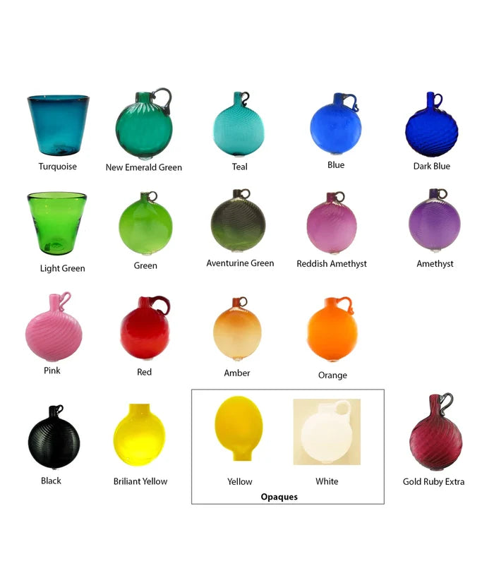 Grid of glass ornament color samples with labels such as Turquoise Emerald Green Teal Blue and more.