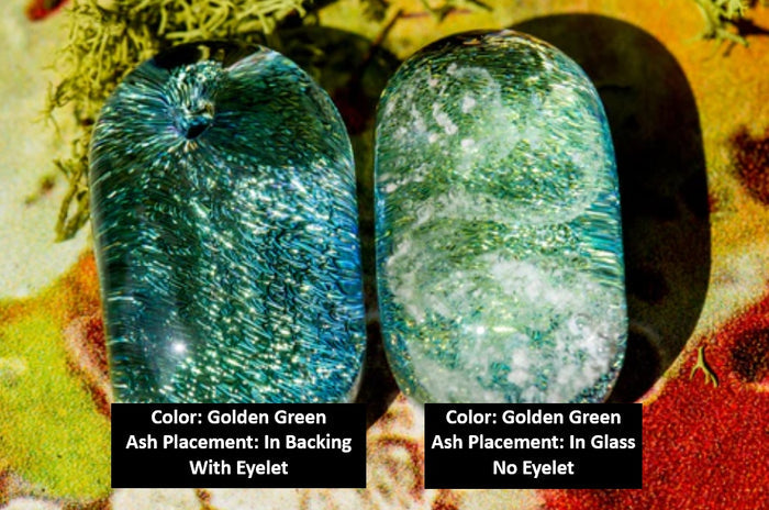 Two golden green glass sparkle stones; one has an eyelet and backing, the other has no eyelet