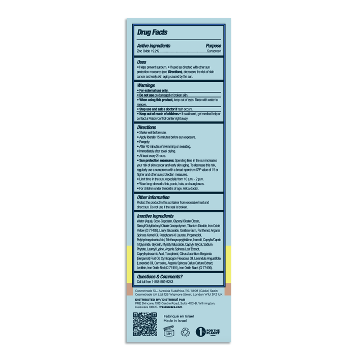 The Drug Facts label for FRÉ Skincares GLOW ME + Tinted Mineral SPF 30 Moisturizer includes sections on active ingredients, usage directions, and warnings on a gradient blue background. It also provides storage instructions and a QR code.