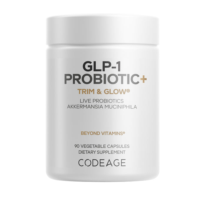 A white bottle labeled Codeage GLP-1 Probiotic+ Capsules containing 90 vegetable capsules with live probiotics. This formula combines GLP-1 probiotic strains and prebiotic chicory inulin to help support digestive health and overall wellness.