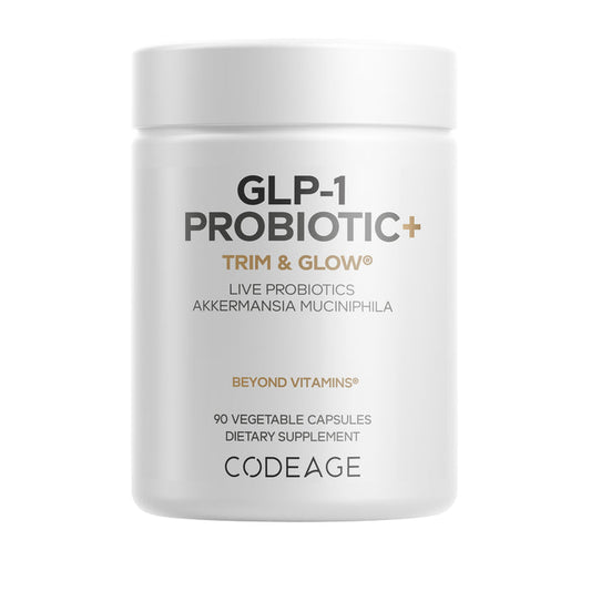 A white bottle labeled Codeage GLP-1 Probiotic+ Capsules containing 90 vegetable capsules with live probiotics. This formula combines GLP-1 probiotic strains and prebiotic chicory inulin to help support digestive health and overall wellness.