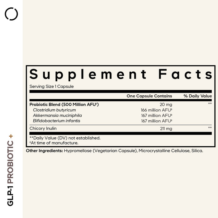 Supplement facts label for Codeage GLP-1 Probiotic+ Capsules, highlighting a potent probiotic blend including Akkermansia muciniphila and prebiotic chicory inulin. The serving size, ingredients, and other essential information are displayed on a minimal beige background with black text, clearly organized into sections with bold headings.
