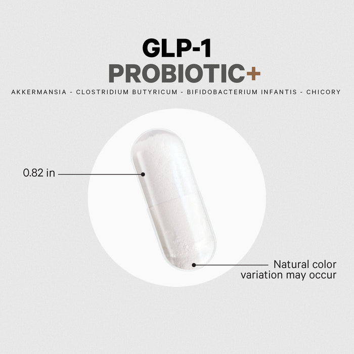 A white GLP-1 Probiotic+ Capsule by Codeage, measuring 0.82 inches in length and filled with powder, is displayed on a light background. The capsule contains GLP-1 probiotic strains and prebiotic chicory inulin, with a note indicating “Natural color variation may occur.”.