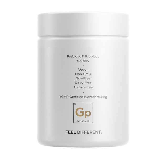 White container labeled with dietary info: prebiotic & probiotic, featuring prebiotic chicory inulin and Akkermansia muciniphila, vegan, non-GMO, soy-free, dairy-free, gluten-free, cGMP-certified. Codeage GLP-1 Probiotic+ Capsules. FEEL DIFFERENT. in bold at the bottom.