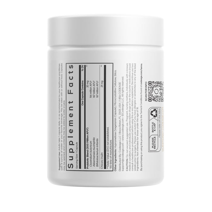 A white bottle of Codeage GLP-1 Probiotic+ Capsules features a Supplement Facts label displaying the serving size, nutrition information, and ingredients such as GLP-1 probiotic strains and prebiotic chicory inulin. QR code and recycling symbols are present on the right side of the label.