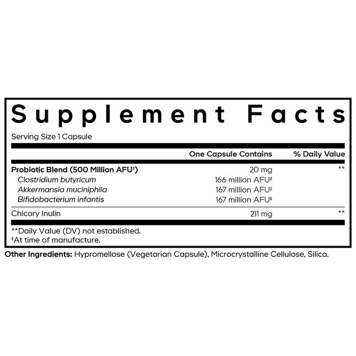 Codeage GLP-1 Probiotic+ Capsules Supplement Facts label indicates a serving size of 1 capsule and features a GLP-1 probiotic blend containing Akkermansia muciniphila, Bifidobacterium infantis, prebiotic chicory inulin, Clostridium butyricum, along with other capsule ingredients.