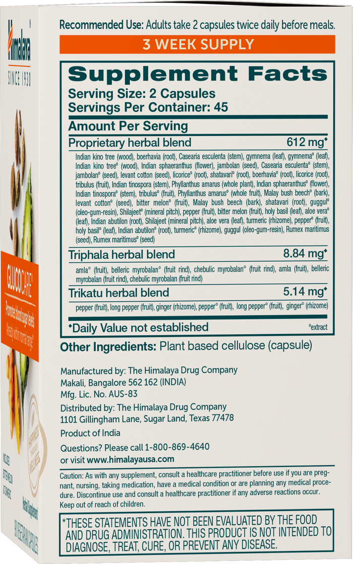 A box of Himalayas Glucocare supplement, based on Ayurvedic science, includes a proprietary herbal blend for glucose metabolism support, usage directions, manufacturer info, and a disclaimer that it has not been evaluated by the FDA.