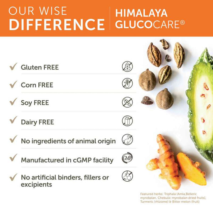 Orange and white promotional graphic for Himalaya GlucoCare® highlighting their product's key features: gluten-free, corn-free, soy-free, dairy-free, no ingredients of animal origin, cGMP facility manufacturing, and no artificial binders. Featured ingredients shown.