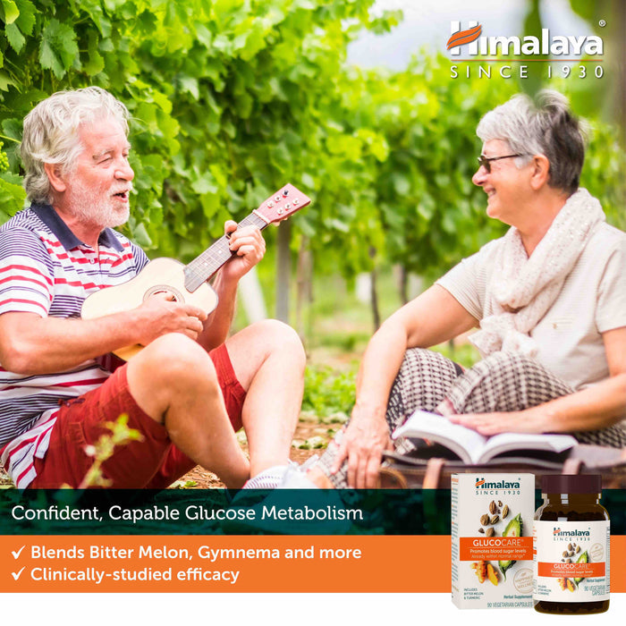 An elderly man and woman sit outdoors, smiling and enjoying the day. The man strums a ukulele while the woman holds a book. There's a bottle of Himalaya GlucoCare supplements at the bottom of the image with text promoting its benefits and efficacy.
