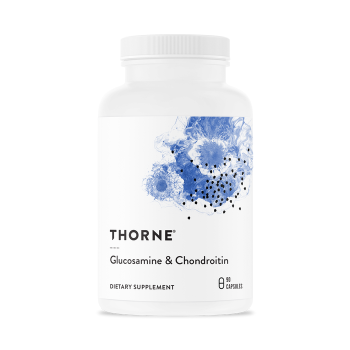 A white supplement bottle, labeled Thornes Glucosamine & Chondroitin with a blue abstract design, contains 90 capsules for joint support.