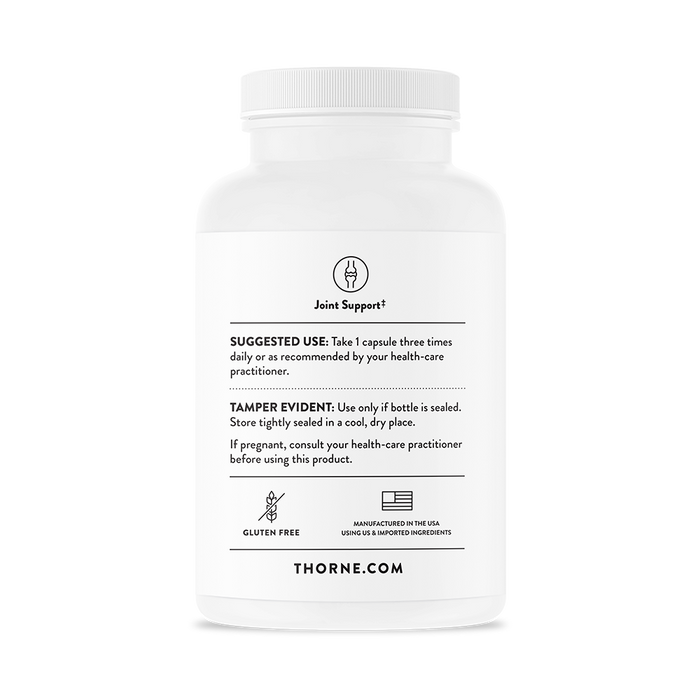 A white bottle labeled Glucosamine & Chondroitin by Thorne includes chondroitin and glucosamine, usage instructions, Suggested Use, and Tamper Evident details. Gluten-free and advises consultation if pregnant. Proudly made in the USA as indicated by Thorne.com.