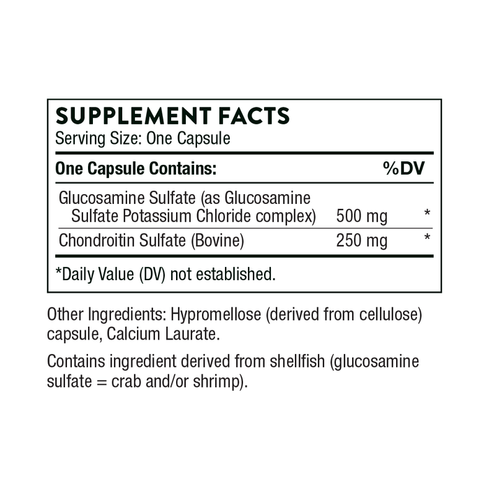 Image showing a supplement facts label for a product. Each capsule contains 500 mg Glucosamine Sulfate and 250 mg Chondroitin Sulfate. Other ingredients: hypromellose, calcium laurate. Product includes shellfish-derived ingredients.