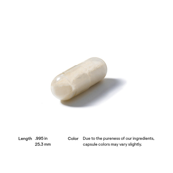 A beige capsule pill on a white background. Text indicates its length is 0.995 inches (25.3 mm) and mentions that color may vary slightly due to ingredient purity.