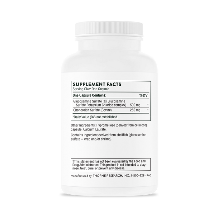 Thornes Glucosamine & Chondroitin comes in a white bottle showing supplement facts for joint support. Each capsule delivers 500 mg Glucosamine Sulfate and 250 mg Chondroitin Sulfate, with hypromellose and calcium laurate. Includes a shellfish allergy warning.